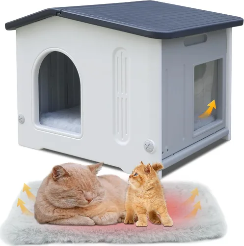 Miniatura 2 de Casa para gatos al aire libre con puerta de escape, casa para gatos con alfombrilla de autocalentamiento, casa para gatos al aire libre, casa grande