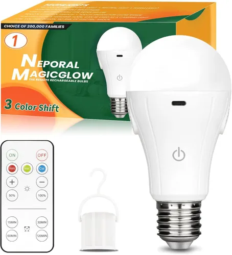 Neporal MagicGlow - Bombillas recargables con control remoto, cambio de 3 colores + bombillas de batería atenuables sin escalones, recargables por