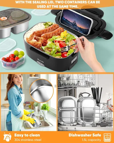Miniatura 3 de Eocolz Fiambrera eléctrica calentador de alimentos de 80-100 W, calentador de alimentos con doble contenedor, 1.5L, lonchera portátil calentada