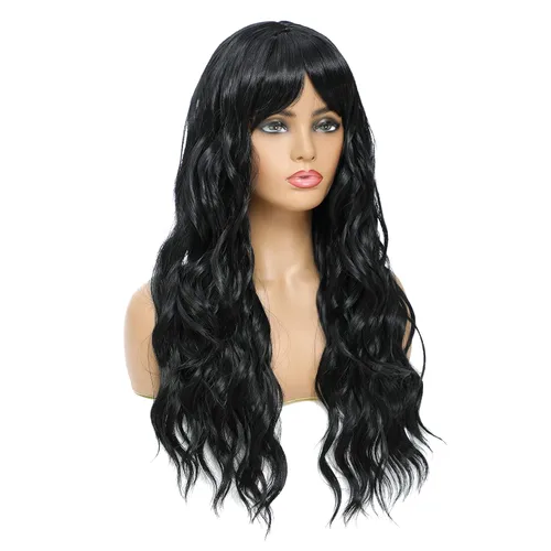 Miniatura 3 de SWACC Peluca larga y rizada ondulada con flequillo peluca de pelo sintético para mujeres con gorra de peluca (negro)