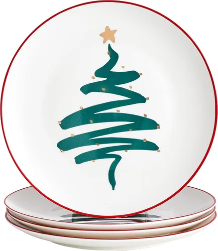 Miniatura 9 de Platos de Cena de Navidad de China Ósea - Platos de Postre - Platos de Ensalada Juego de 4, Apto para Lavavajillas (Rayado, 20.3 cm)