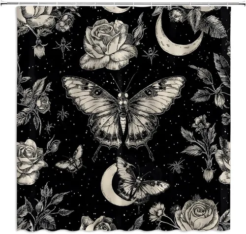 Gothic Moth Shower Curtain Butterfly Flowers Plants Vintage Floral Retro Leaves Moon Starry Sky Stars Black Bathroom Decor Curtains Set with Hooks,