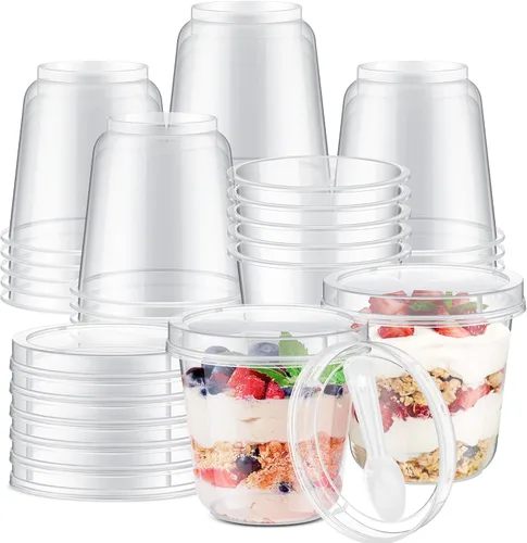 Jingmore Paquete de 25 vasos de plástico transparente para yogur y parfait de 9.5 onzas, recipientes desechables para avena durante la noche con
