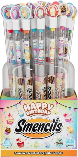 Happy Birthday Smencils Cylinder - Lápices perfumados gourmet patentados HB #2, 50 unidades, regalos para niños