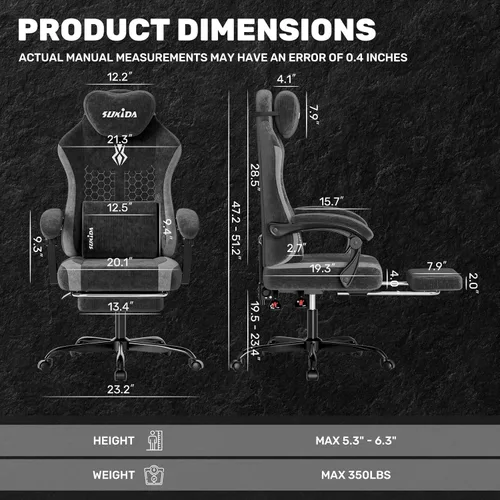 Miniatura 3 de SUKIDA Silla ergonómica de videojuegos de tela, sillas ergonómicas de respaldo alto para juegos de computadora con gran masaje ajustable, soporte