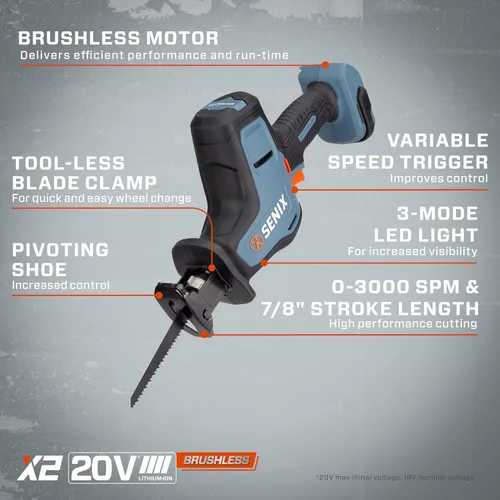 Miniatura 2 de SENIX PSRX2-M2-0 X2 - Juego de herramientas eléctricas de sierra recíproca compacta de 20 voltios máximos de 7/8 pulgadas, velocidad variable, 3000