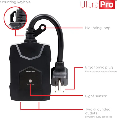 Miniatura 3 de UltraPro Temporizador de Enchufe para Exteriores - Sensor de Anochecer a Amanecer, Temporizador de Luz de Doble Enchufe, Resistente a la Intemperie
