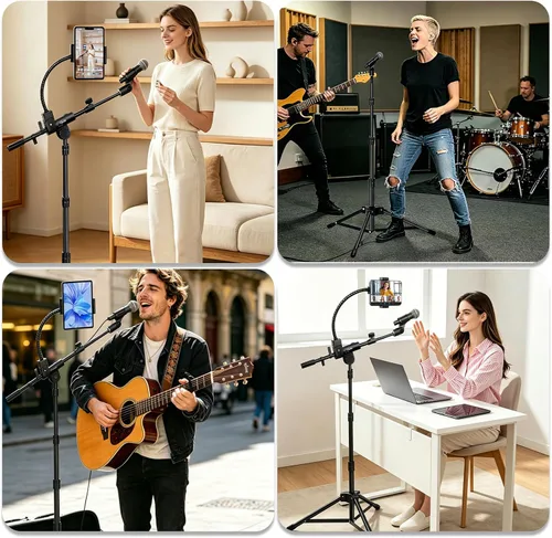 Miniatura 8 de GUITTO Soporte de piso para micrófono con soporte para teléfono/tableta, soporte de micrófono ajustable con base resistente, soporte de doble