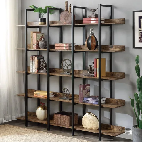 Miniatura 11 de YISUYA Estantería alta de madera de 5 niveles para dormitorio, estantería industrial moderna de mediados de siglo con almacenamiento para sala