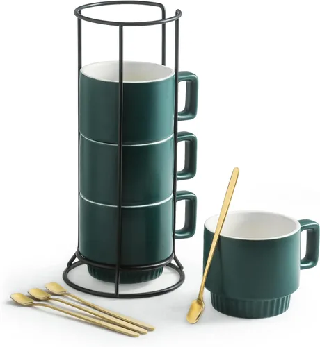 Miamolo Juego de 4 tazas de café apilables con cucharas portadoras, tazas de capuchino de cerámica de 11 onzas para bebidas de espresso, latte y té,