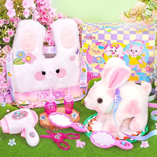 Miniatura 7 de NINAOR Juguetes de conejo de Pascua para niños con bolsas cruzadas, rellenos de cesta de Pascua, orejas interactivas, juguete de conejo, robot