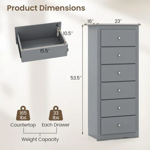 Miniatura 3 de Giantex Cómoda de 6 cajones para dormitorio, cómoda de madera con tiradores de metal y gran capacidad, 16" P x 23" A x 53.5" Al, organizador de Gris