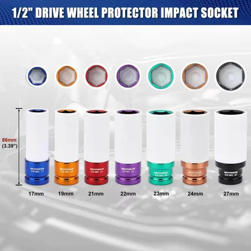 Miniatura 3 de MIXPOWER Protector de rueda de transmisión de 1/2 pulgada, juego de 7 piezas de enchufe de impacto profundo de pared delgada, enchufe de tuerca