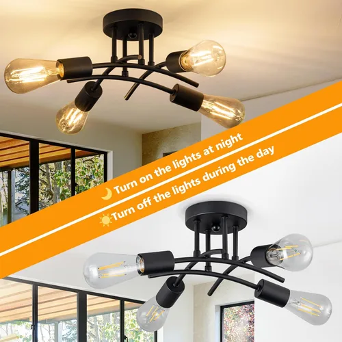Miniatura 2 de Lámpara industrial de techo semiempotrada de 4 luces, moderna lámpara negra para cerca del techo, lámpara de araña con base E26, lámpara colgante