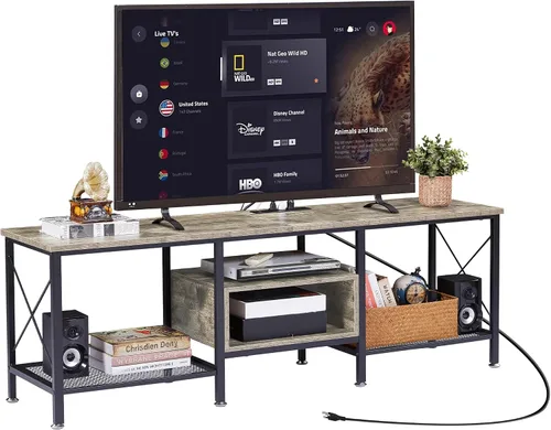 Miniatura 11 de VECELO Soporte de TV con tomas de corriente para centro de entretenimiento Industria Media de 65 pulgadas con estación de carga, estantes abiertos