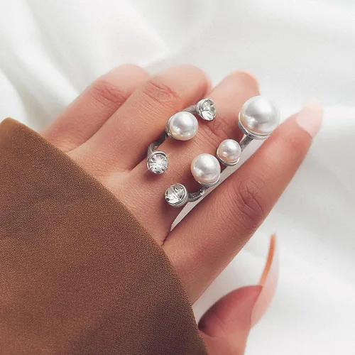 Miniatura 3 de Cicod Anillo de perlas vintage, apilables, anillos de perlas ajustables, anillo de dedo completo de perlas abiertas, joyería de moda para mujeres