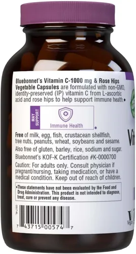 Miniatura 3 de Bluebonnet Nutrition Vitamina C-1000 mg Plus Rose HIPS cápsulas vegetales para salud inmunológica, para protección antioxidante, sin soja, sin