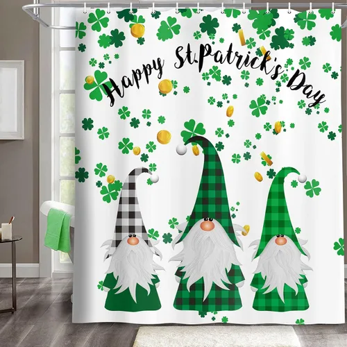 Miniatura 7 de MERCHR Cortina de ducha del día de San Patricio, trébol verde, hoja de trébol, diseño de elfo irlandés, gnomo irlandés, tela decorativa a cuadros