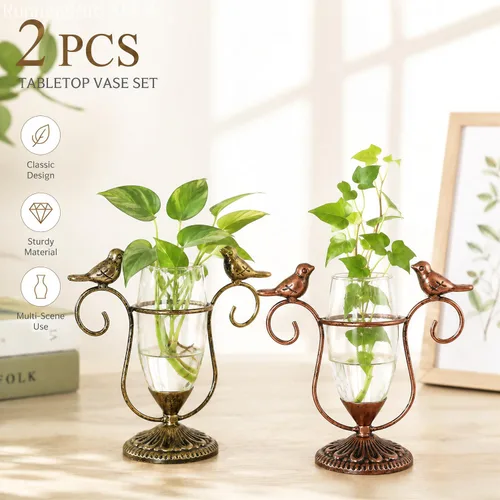 Miniatura 4 de Paquete de 2 Terrarios de Plantas de Escritorio, Jarrón de Vidrio con Arte de Pájaros para Propagación, Macetas de Propagación con Marco de Metal