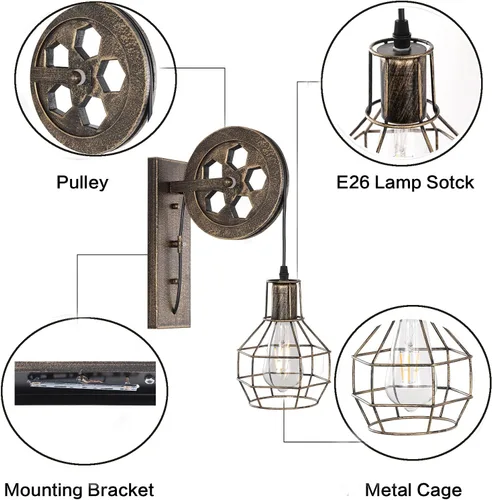 Miniatura 6 de 1 Luminaria Industrial de Mediados de Siglo Retro de Hierro para Pared con Polea Elevadora, Lámpara de Pared que Presenta Pantalla de Jaula