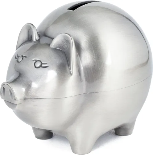 Miniatura 4 de Creative Gifts International Hucha pequeña de peltre de cerdo Alcancía de plata para niños o recién nacidos Acabado de níquel cepillado 3 x