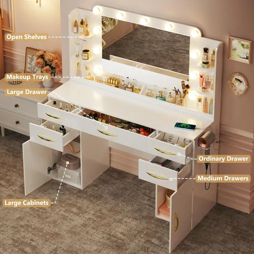 Miniatura 2 de Escritorio de tocador con espejo y luces, mesa de maquillaje de 50 pulgadas de ancho, 3 modos de iluminación, toma de corriente integrada, 5 cajones