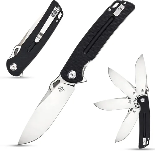 Sitivien Cuchillo plegable ST137, hoja de satén D2, mango G10, cuchillo de herramienta EDC para senderismo al aire libre, camping, pesca (negro)