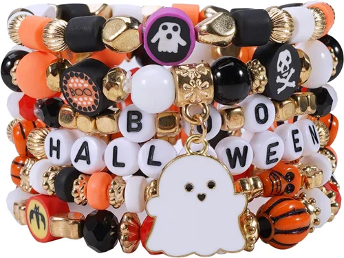 Miniatura 28 de Ardorchid Pulseras de Halloween para Mujeres Calabaza Fantasma Esqueleto Murciélago Calavera con Cuentas Apilables Elásticas Rugby Acción de Gracias