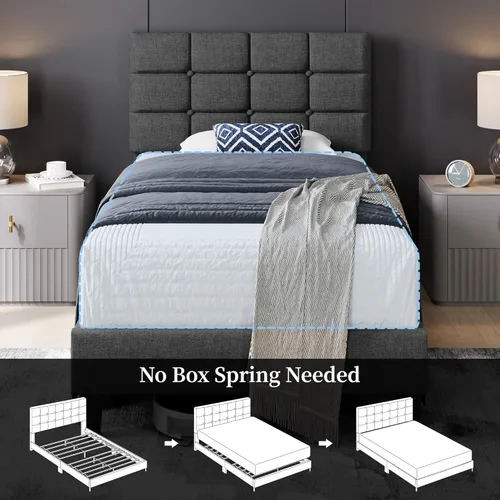 Miniatura 7 de Yaheetech Upholstered Bed Frame, Modern Twin Bed Platform with Square Stitched&Button Tufting Headboard Height Adjustable, Wooden Slats Support, No