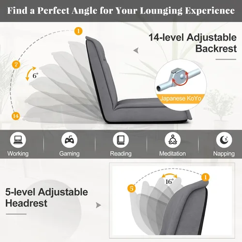 Miniatura 7 de COSTWAY Silla plegable de suelo, sofá convertible con respaldo ajustable de 14 posiciones, reposacabezas ajustable de 5 posiciones, silla acolchada