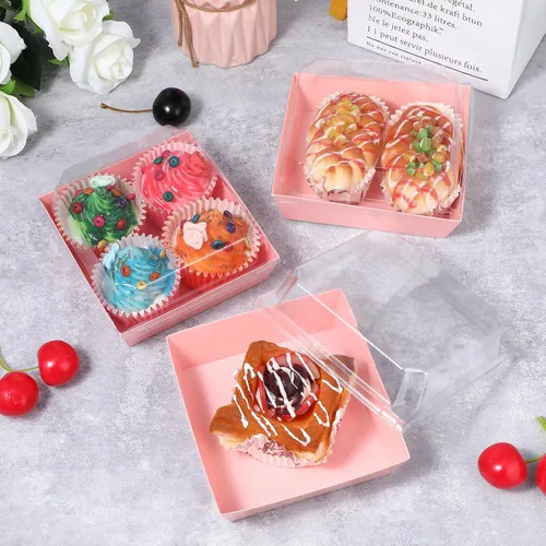 Miniatura 5 de Paquete de 100 cajas de charcutería con tapas transparentes de 5 pulgadas, cajas de galletas desechables para pasteles, cajas de papel para postres
