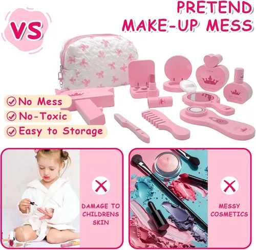 Miniatura 4 de Juego de juguetes de maquillaje de madera para niñas, kit de maquillaje con sombra de ojos, rímel, perfume, rubor, espejo, bolsa, juguetes