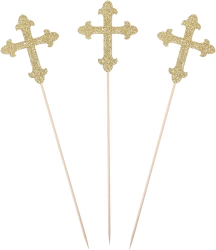 Miniatura 6 de Palillos de centro de mesa de cruz con purpurina azul para bautizo, decoración de fiesta - Juego de 10