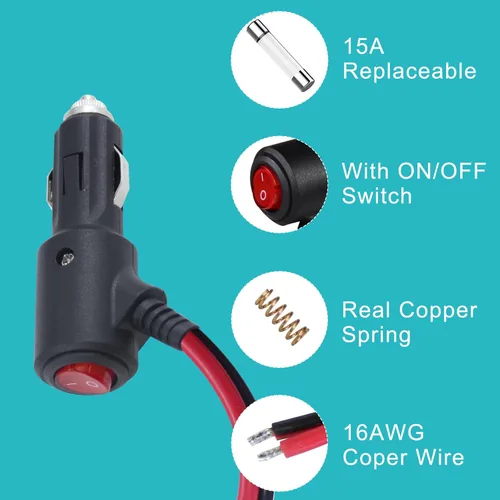 Miniatura 8 de Enchufe macho de repuesto para encendedor de cigarrillos de 12 V con interruptor de encendido y apagado - 3 pies, enchufe macho de 12 V con fusible