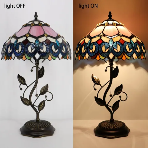 Miniatura 6 de Tiffany Table Lamp, Pink Stained Glass Desk Light, W12H19 Inch, Metal Leaf Base (Pink Baroque Style)