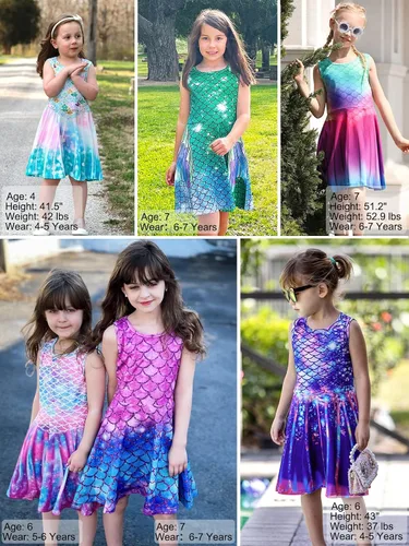 Miniatura 6 de Funnycokid Vestido de sirena para niñas y niños, vestido de verano sin mangas, traje de cumpleaños, ropa de fiesta de 4 a 13 años