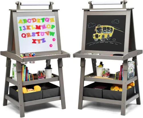 Miniatura 10 de Caballete de arte HONEY JOY para niños, caballete doble de 3 en 1 para niños pequeños de madera con pizarra blanca magnética y pizarra, rollo