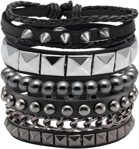 Eigso Juego de 4 pulseras de cuero punk, con tachuelas de roca para hombres y mujeres, estilo retro, clásico, con pinchos, de metal, para hombre y