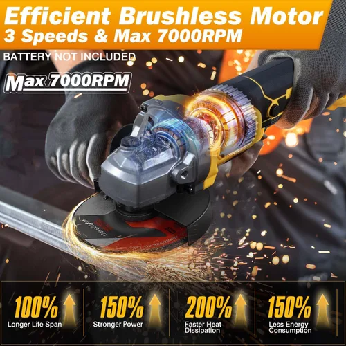 Miniatura 2 de Amoladora angular inalámbrica compatible con batería Dewalt de 20 V (sin batería), motor sin escobillas, 3 velocidades variables, interruptor