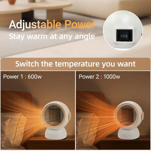 Miniatura 4 de Calentador de espacio, calentadores eléctricos portátiles para habitación pequeña, para uso en interiores, dos velocidades, 1200 W, mini Blanco