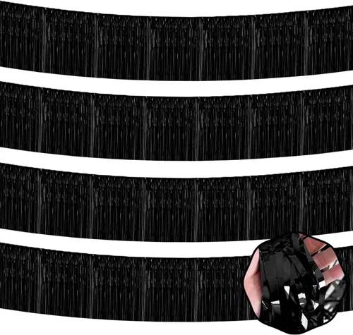 Paquete de 4 guirnaldas de flecos de papel de aluminio negro de 10 pies con serpentinas metálicas de oropel para colgar en la pared, telón de fondo
