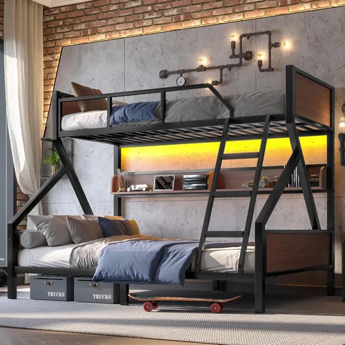 Bellemave Litera de Metal Twin XL sobre Queen con Estantes de Almacenamiento y Luz LED, Marco de Litera Resistente con Tabla de Madera y Listones