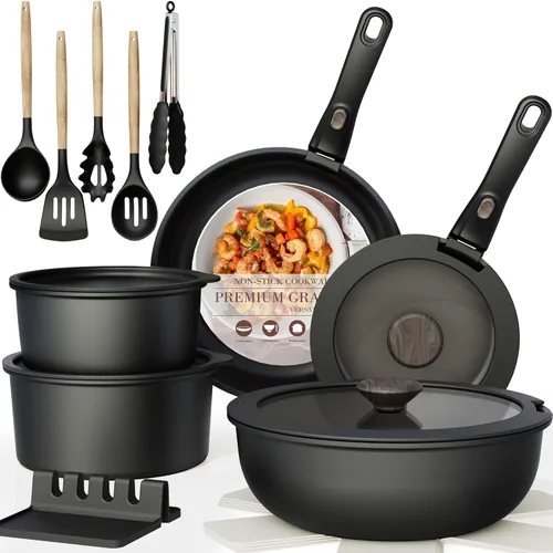 Astercook - Juego de utensilios de cocina de cerámica antiadherente para RV, ollas y sartenes con mango desmontable/removible, apto para horno,