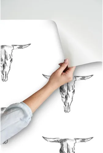 Miniatura 3 de Papel tapiz para despegar y pegar, diseño de vaca cráneo de toro, blanco y negro, vaquero occidental, rústico, extraíble, por Spoonflower