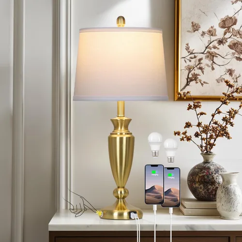 Miniatura 10 de Rinweey Lámpara de mesa negra de 27 pulgadas, lámpara de sala de estar con control táctil de 3 vías con puertos USB A+C, moderna lámpara de noche