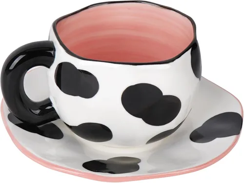 Miniatura 9 de Juego de taza de café y platillo de cerámica, cerámica hecha a mano de 10 onzas con patrón de nube blanca, pequeña taza de regalo para expreso, Azul