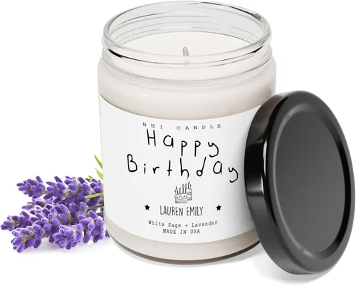 Miniatura 5 de NHI - Vela personalizada de feliz cumpleaños, vela con nombre personalizado, vela perfumada de cera de soja para el hogar, tarro transparente de 9