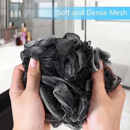 Miniatura 3 de Yoget Esponja de lufa de baño, paquete de 4 unidades, color negro, 2.16 onzas, bola de malla de ducha, suave puf para el cuerpo, exfoliar, limpiar
