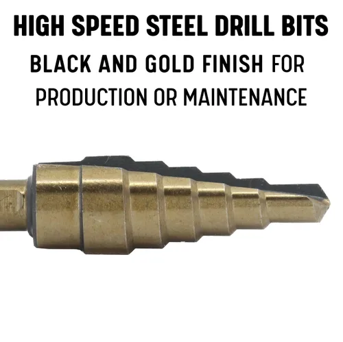 Miniatura 2 de Drill America #4 HSS - Broca escalonada negra y dorada con vástago hexagonal de cambio rápido (3/16" - 7/8" por 1/16")