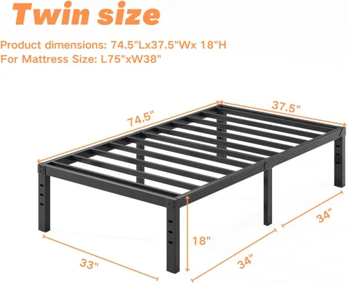 Miniatura 2 de Base de cama alta de 18 pulgadas, tamaño individual, marcos de cama de metal resistentes en negro, no necesita somier, fácil montaje, almacenamiento